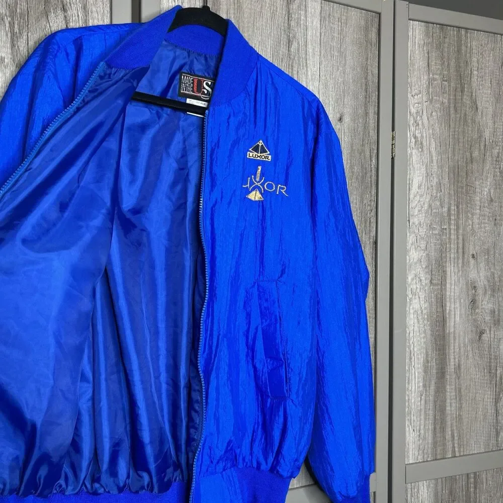 Vintage Luxor Las Vegas Blue Bomber Jacket Gold Embroidered Logo Size M